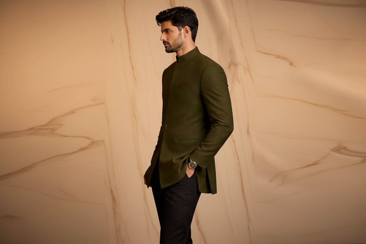 Dark Green Matte Silk Jacquard Prince Coat for Men – Premium Wedding & Formal Wear | Attire By ABD
