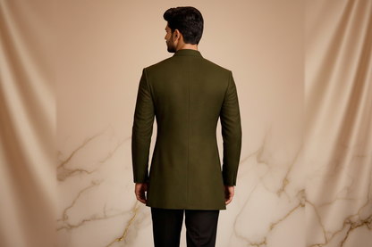 Dark Green Matte Silk Jacquard Prince Coat for Men – Premium Wedding & Formal Wear | Attire By ABD