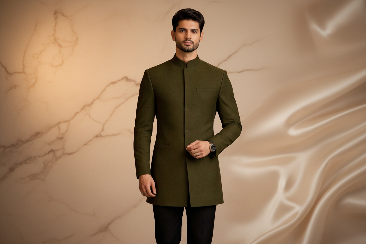 Dark Green Matte Silk Jacquard Prince Coat for Men – Premium Wedding & Formal Wear | Attire By ABD