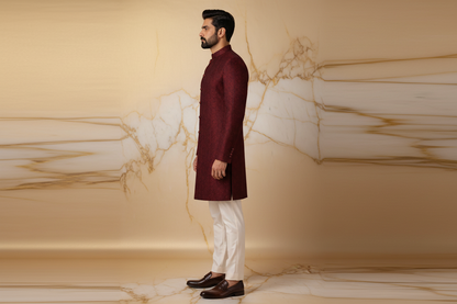 9mm Maroon Embroidered Jamawar Prince Coat for Men | Wedding & Formal Wear | Attire By ABD