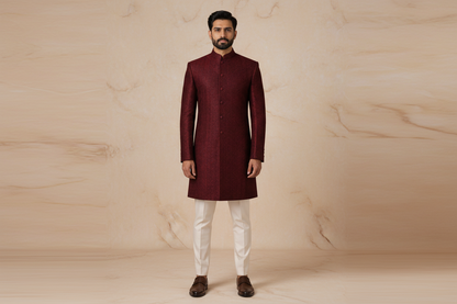 9mm Maroon Embroidered Jamawar Prince Coat for Men | Wedding & Formal Wear | Attire By ABD