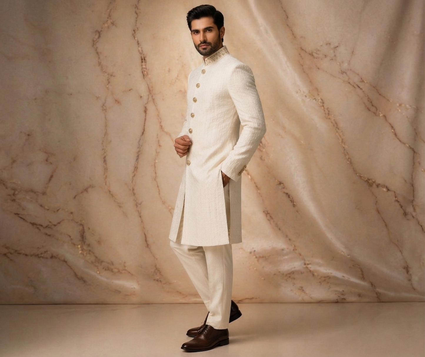Off White Textured Jacquard Prince Coat for Men – Premium Wedding & Formal | Attire By ABD