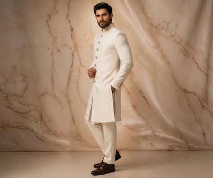 Off White Textured Jacquard Prince Coat for Men – Premium Wedding & Formal | Attire By ABD