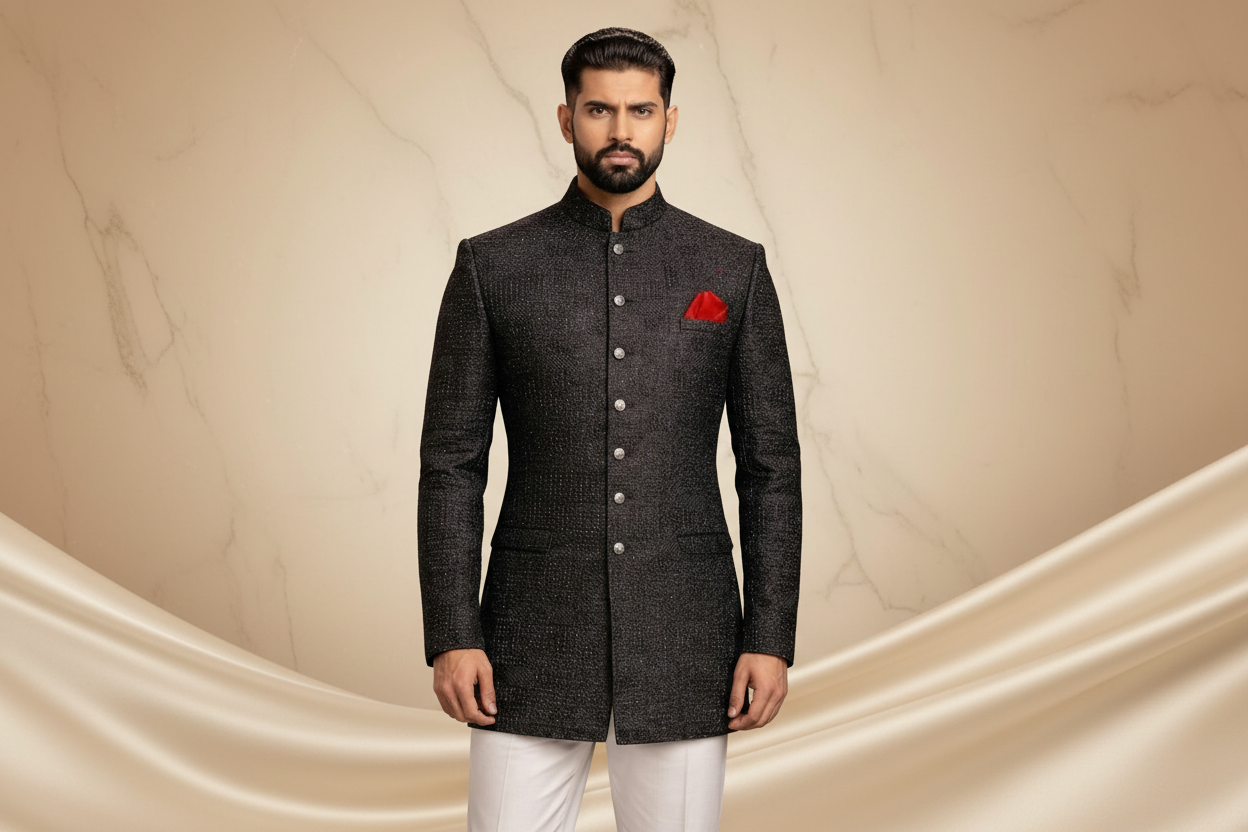 Jet Black Jamawar Prince Coat with Antique Gold Embroidery for Men | Wedding & Formal Wear | Attire By ABD