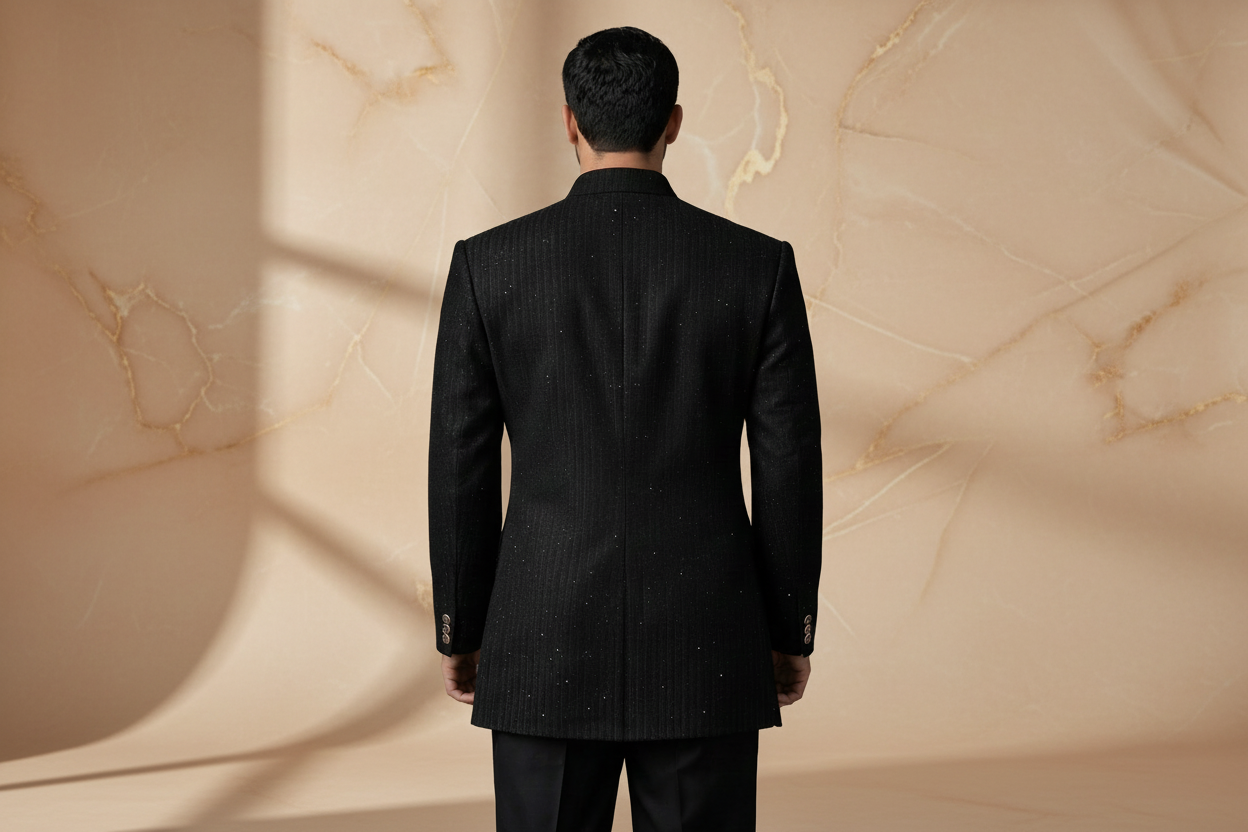 Black Premium Sequins Jamawar Hand-Embroidered Prince Coat for Men | Wedding & Formal Wear | Attire By ABD