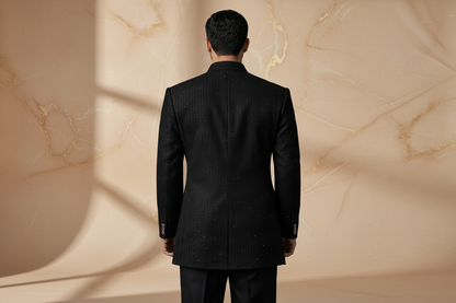 Black Premium Sequins Jamawar Hand-Embroidered Prince Coat for Men | Wedding & Formal Wear | Attire By ABD