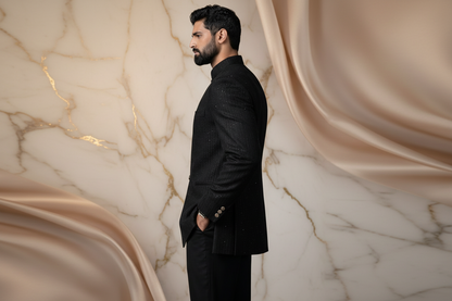 Black Premium Sequins Jamawar Hand-Embroidered Prince Coat for Men | Wedding & Formal Wear | Attire By ABD