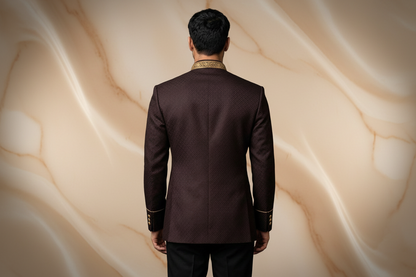 Dark Maroon Hand-Embroidered Jamawar Prince Coat for Men – Elegant Wedding & Formal Wear | Attire By ABD