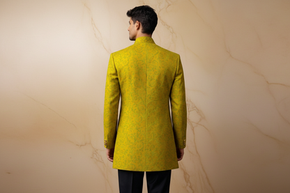 Yellowish Green Silk Jamawar Prince Coat for Men | Embroidered Wedding Wear | Attire By ABD