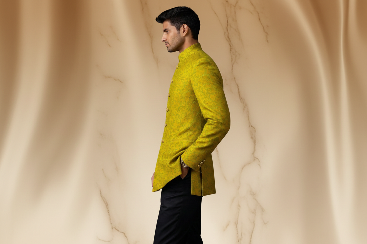 Yellowish Green Silk Jamawar Prince Coat for Men | Embroidered Wedding Wear | Attire By ABD