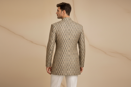 Black Antique Gold Brocade Silk Prince Coat for Men | Skin Embroidery Wedding Wear | Attire By ABD