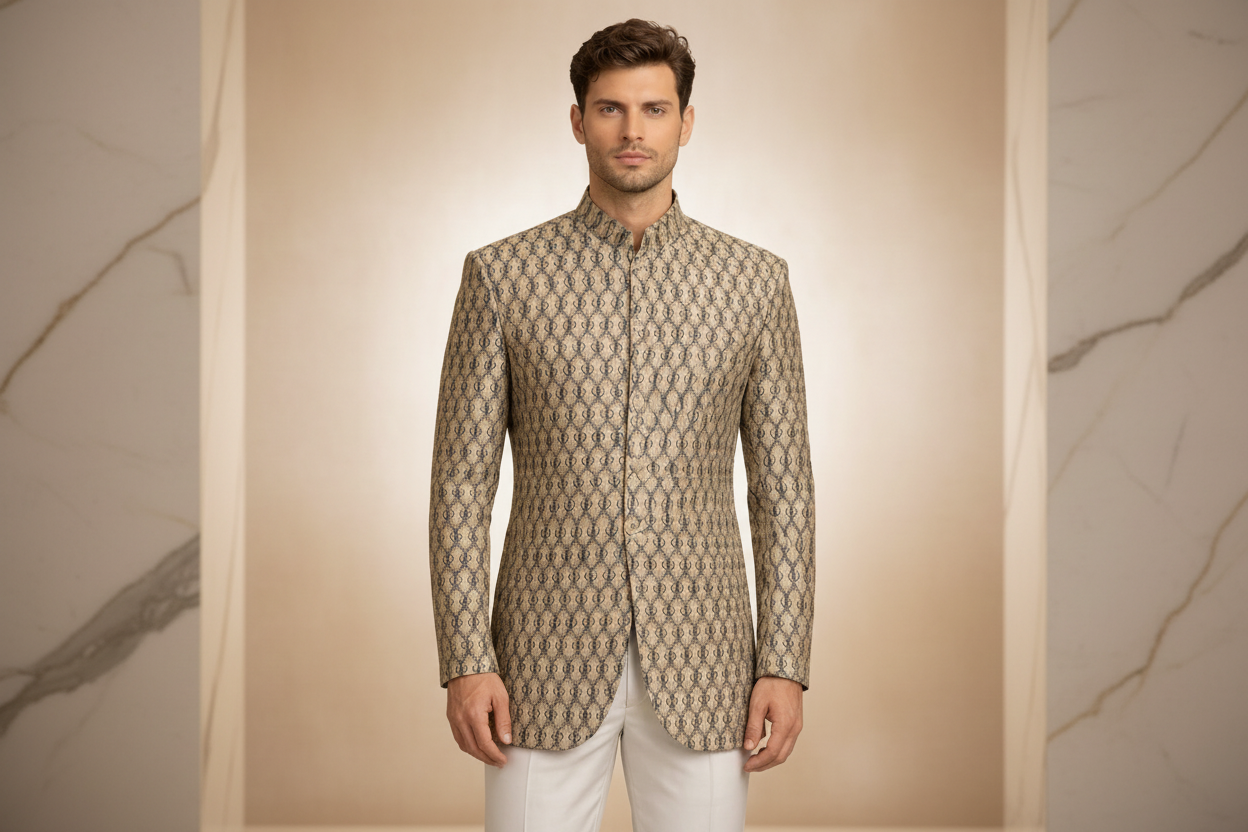 Black Antique Gold Brocade Silk Prince Coat for Men | Skin Embroidery Wedding Wear | Attire By ABD