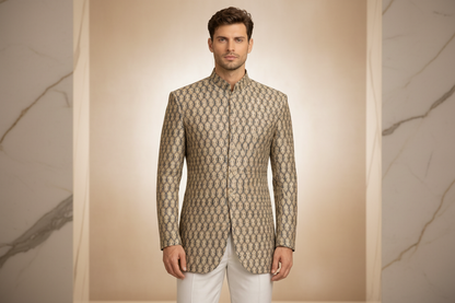 Black Antique Gold Brocade Silk Prince Coat for Men | Skin Embroidery Wedding Wear | Attire By ABD