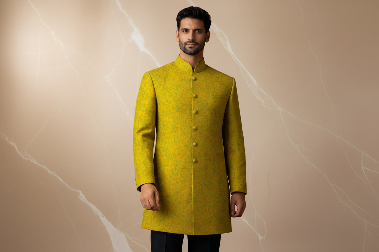 Yellowish Green Silk Jamawar Prince Coat for Men | Embroidered Wedding Wear | Attire By ABD