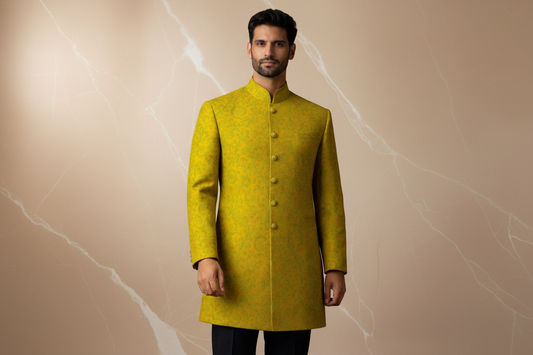 Yellowish Green Silk Jamawar Prince Coat for Men | Embroidered Wedding Wear | Attire By ABD