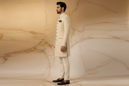 Ivory / Off-White Jacquard Silk Blend Prince Coat for Men | Luxury Wedding & Formal Wear | Attire By ABD