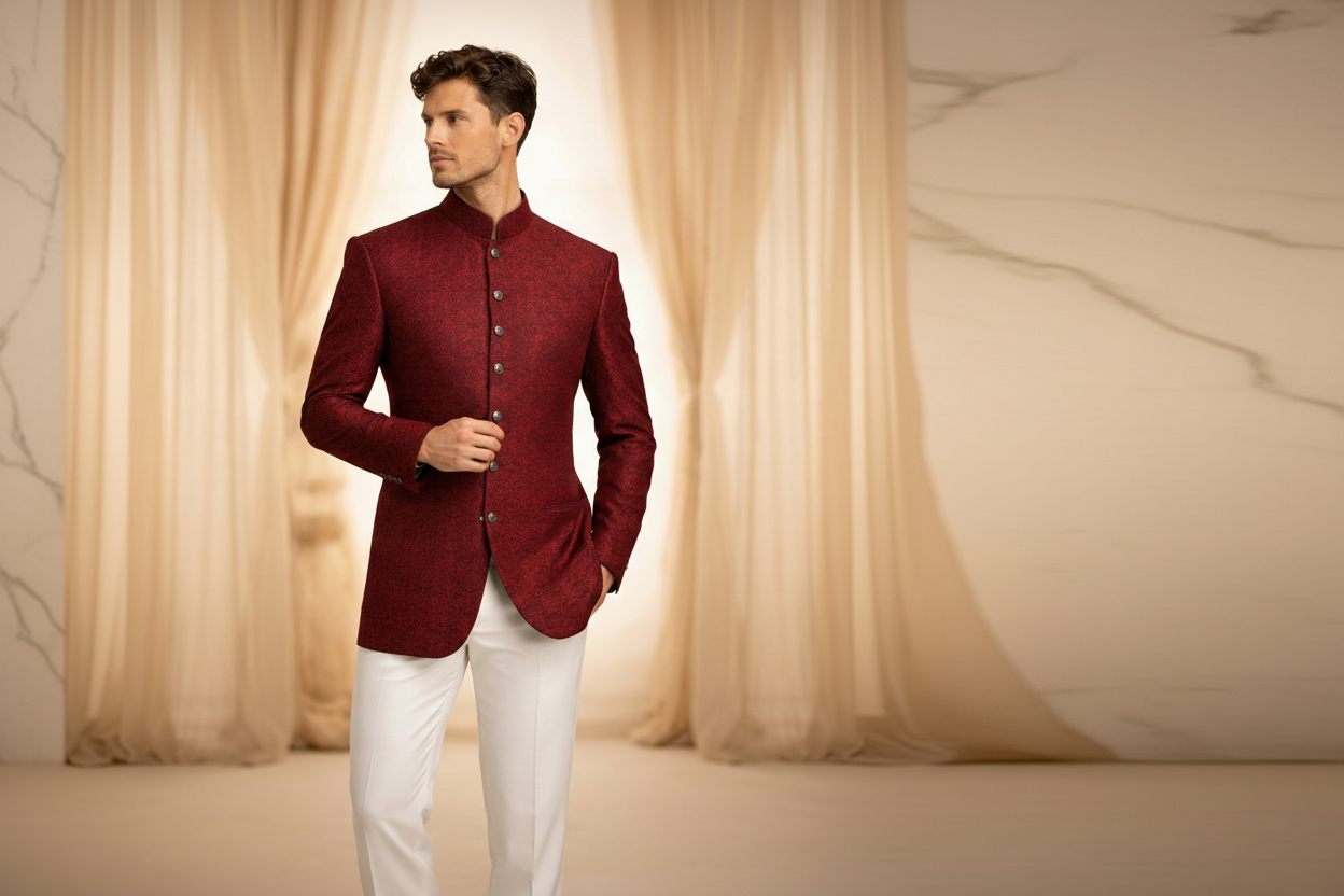 Deep Maroon Jamawar Prince Coat for Men | Embroidered Wedding & Formal Wear | Attire By ABD