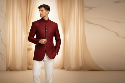 Deep Maroon Jamawar Prince Coat for Men | Embroidered Wedding & Formal Wear | Attire By ABD