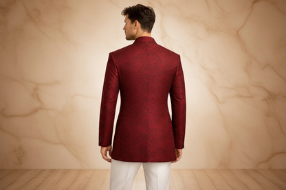 Deep Maroon Jamawar Prince Coat for Men | Embroidered Wedding & Formal Wear | Attire By ABD