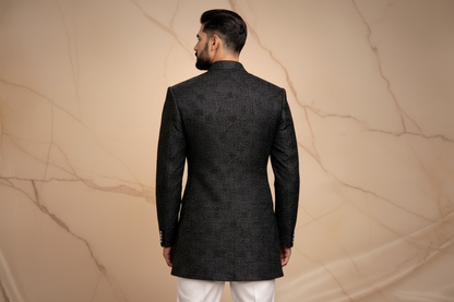 Jet Black Jamawar Prince Coat with Antique Gold Embroidery for Men | Wedding & Formal Wear | Attire By ABD