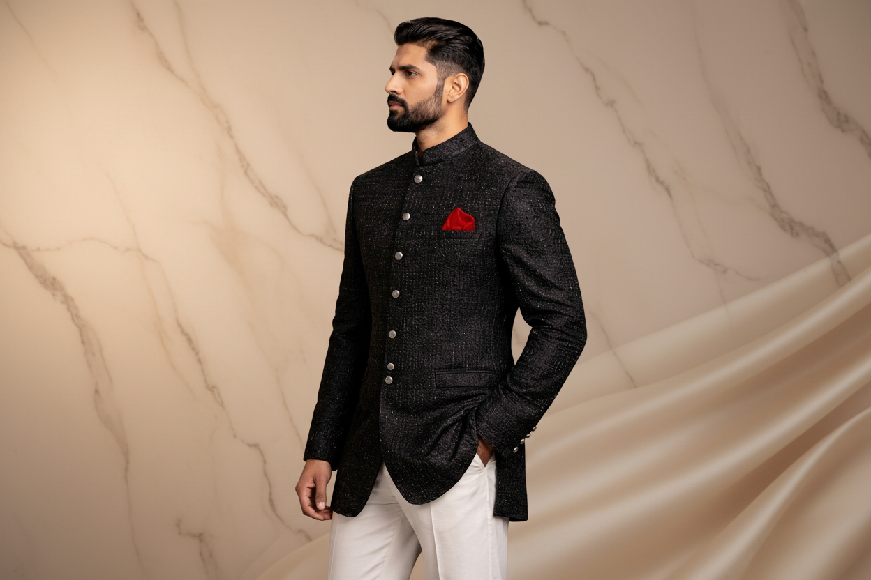 Jet Black Jamawar Prince Coat with Antique Gold Embroidery for Men | Wedding & Formal Wear | Attire By ABD
