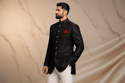 Jet Black Jamawar Prince Coat with Antique Gold Embroidery for Men | Wedding & Formal Wear | Attire By ABD