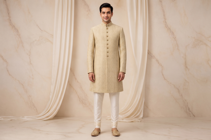 Champagne Gold Textured Jacquard Prince Coat for Men – Luxury Wedding & Formal Wear | Attire By ABD