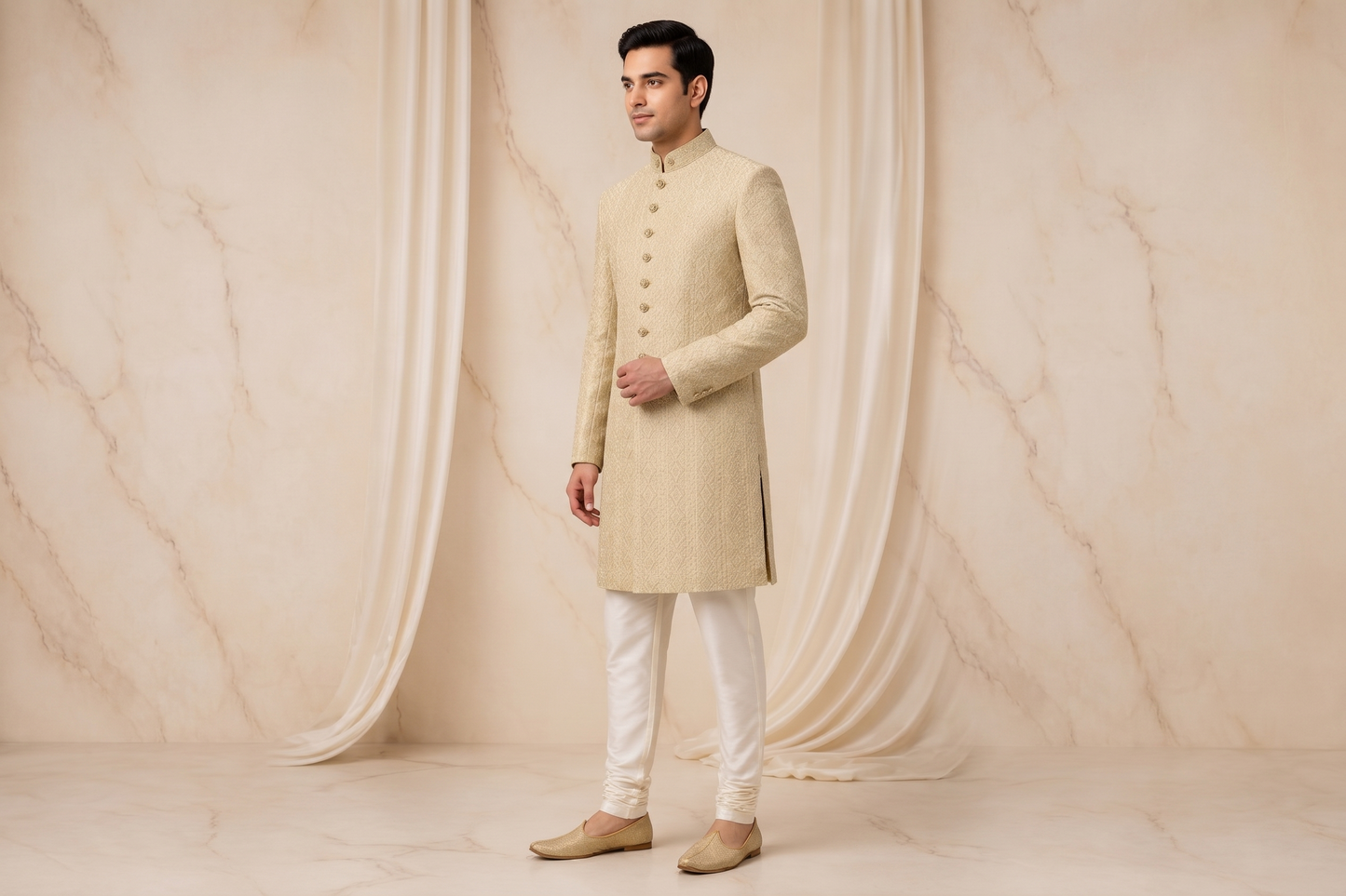 Champagne Gold Textured Jacquard Prince Coat for Men – Luxury Wedding & Formal Wear | Attire By ABD
