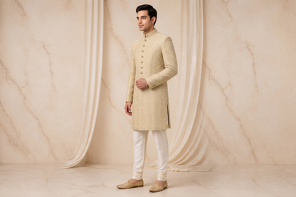 Champagne Gold Textured Jacquard Prince Coat for Men – Luxury Wedding & Formal Wear | Attire By ABD