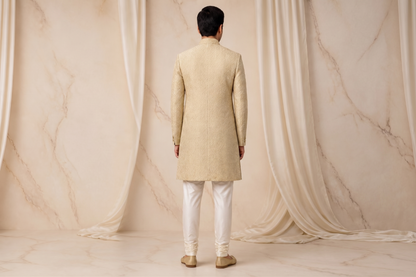 Champagne Gold Textured Jacquard Prince Coat for Men – Luxury Wedding & Formal Wear | Attire By ABD