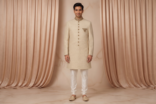 Ivory Champagne Beige Jamawar Prince Coat for Men | Luxury Wedding & Formal Wear | Attire By ABD