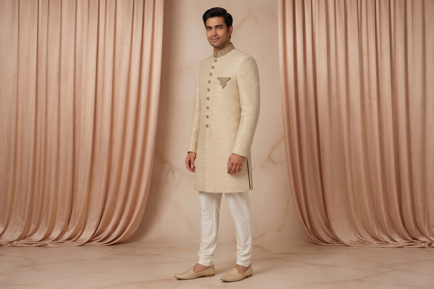 Ivory Champagne Beige Jamawar Prince Coat for Men | Luxury Wedding & Formal Wear | Attire By ABD