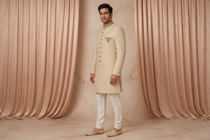 Ivory Champagne Beige Jamawar Prince Coat for Men | Luxury Wedding & Formal Wear | Attire By ABD