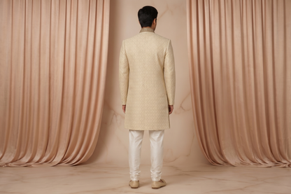 Ivory Champagne Beige Jamawar Prince Coat for Men | Luxury Wedding & Formal Wear | Attire By ABD