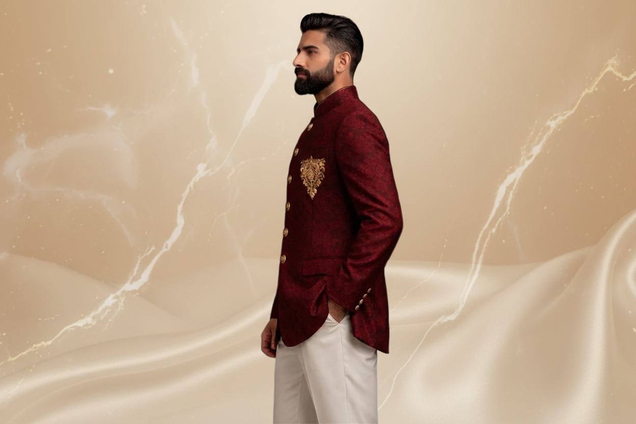 Deep Maroon Jamawar Prince Coat with Copper Tilla Hand Embroidery for Men | Wedding & Formal Wear | Attire By ABD
