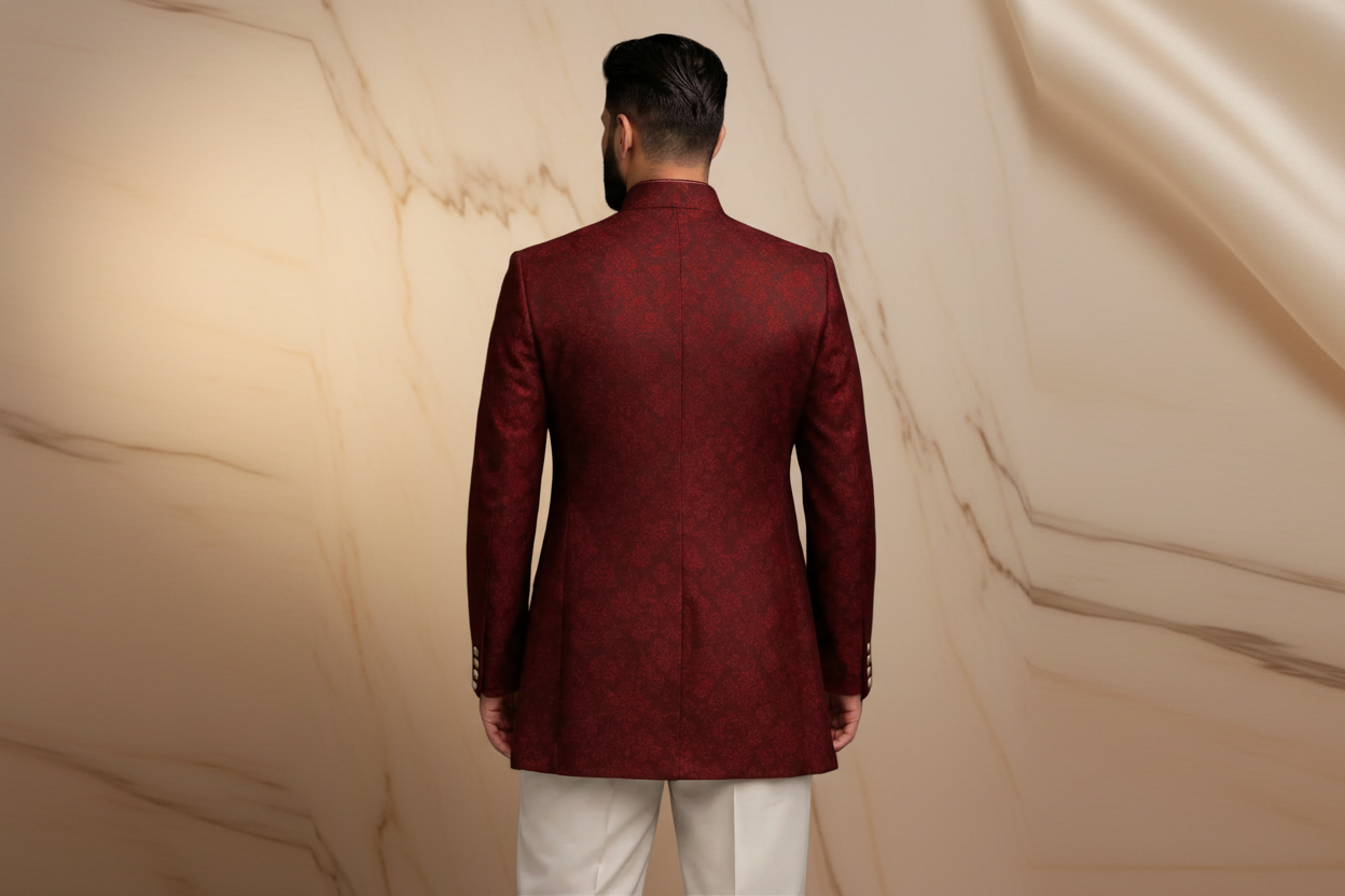 Deep Maroon Jamawar Prince Coat with Copper Tilla Hand Embroidery for Men | Wedding & Formal Wear | Attire By ABD
