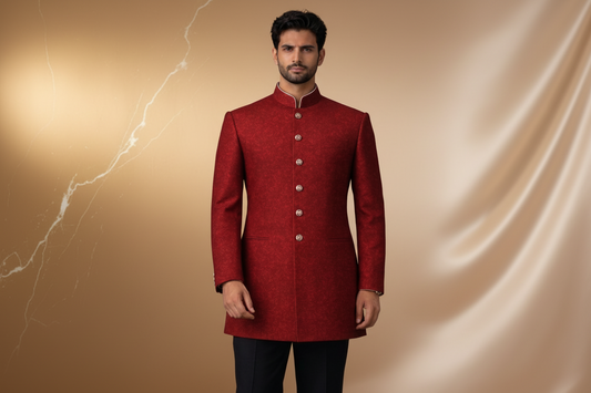Rich Wine Red Embroidered Brocade Prince Coat for Men | Wedding & Formal Wear | Attire By ABD
