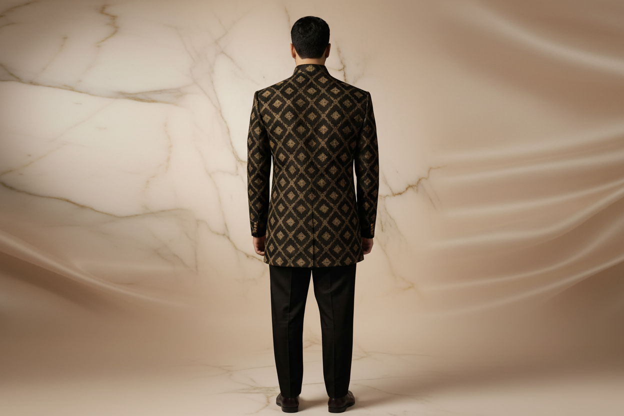 Black Jamawar Prince Coat with Antique Gold Embroidery  Men | Wedding & Formal Wear | Attire By ABD