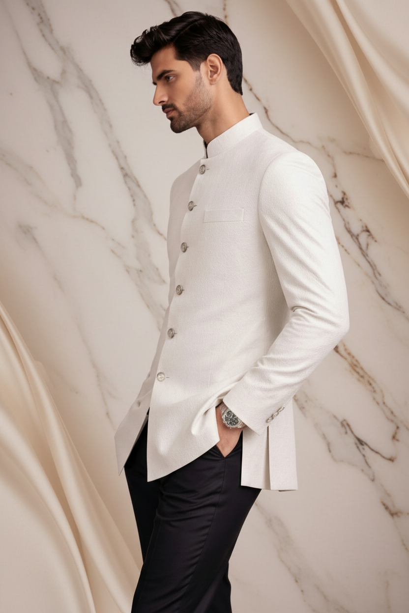 Off-White Jamawar Prince Coat for Men | Luxury Wedding & Formal Wear | Attire By ABD