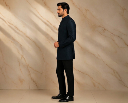 Dark Blue Embroidered Jamawar Prince Coat for Men – Premium Wedding & Formal Wear | Attire By ABD