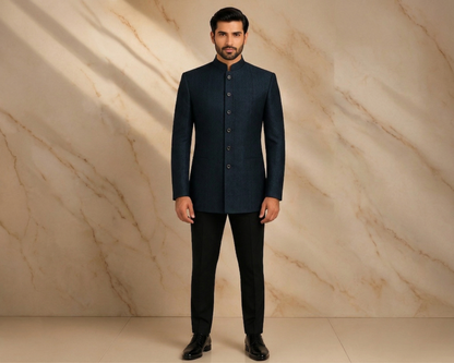 Dark Blue Embroidered Jamawar Prince Coat for Men – Premium Wedding & Formal Wear | Attire By ABD