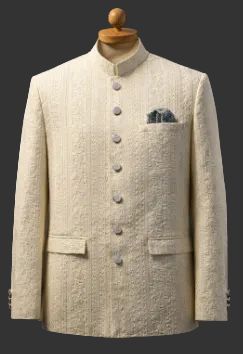 Off-White + Antique Gold Embroidery Jamawar fabrics prince coat for men
