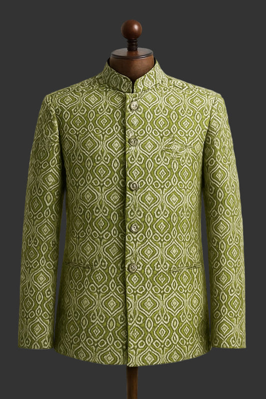 Dark Mehndi color with skin embroidered fabrics prince coat for men