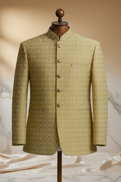 Light Mehndi Jamawar Silk Prince Coat for Men | Embroidered Wedding Wear | Attire By ABD