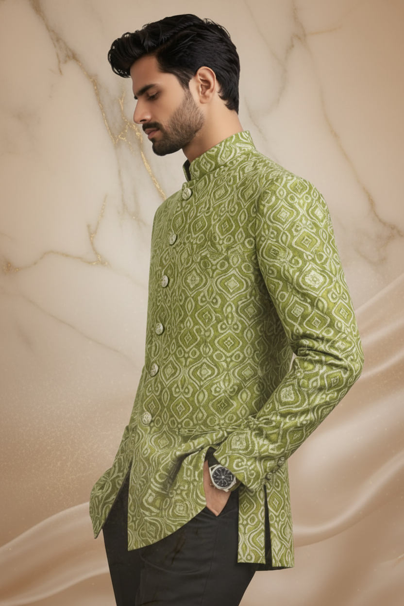 Dark Mehndi Jamawar Prince Coat with Skin Embroidery for Men | Wedding Wear | Attire By ABD