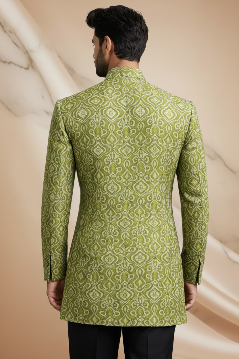 Dark Mehndi Jamawar Prince Coat with Skin Embroidery for Men | Wedding Wear | Attire By ABD