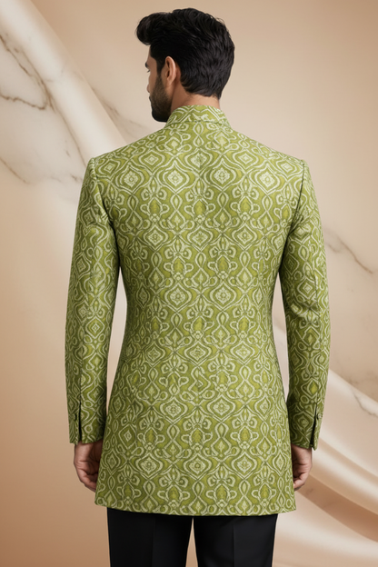 Dark Mehndi Jamawar Prince Coat with Skin Embroidery for Men | Wedding Wear | Attire By ABD
